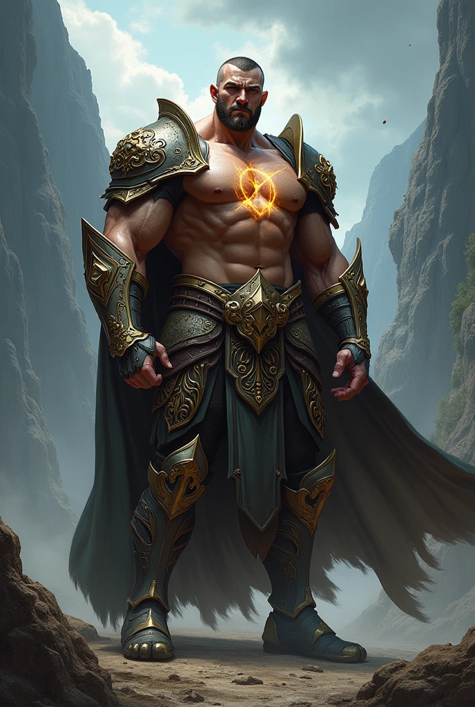 A powerful character standing confidently, with a muscular build and intense expression. The character wears an elaborate armor with intricate designs, exuding a sense of authority and strength. Behind them, a glowing aura adds to their imposing presence. The background is a mystical landscape, with mountains and a stormy sky. At the top of the image, the word 'Leiner' is boldly written in large, striking letters.