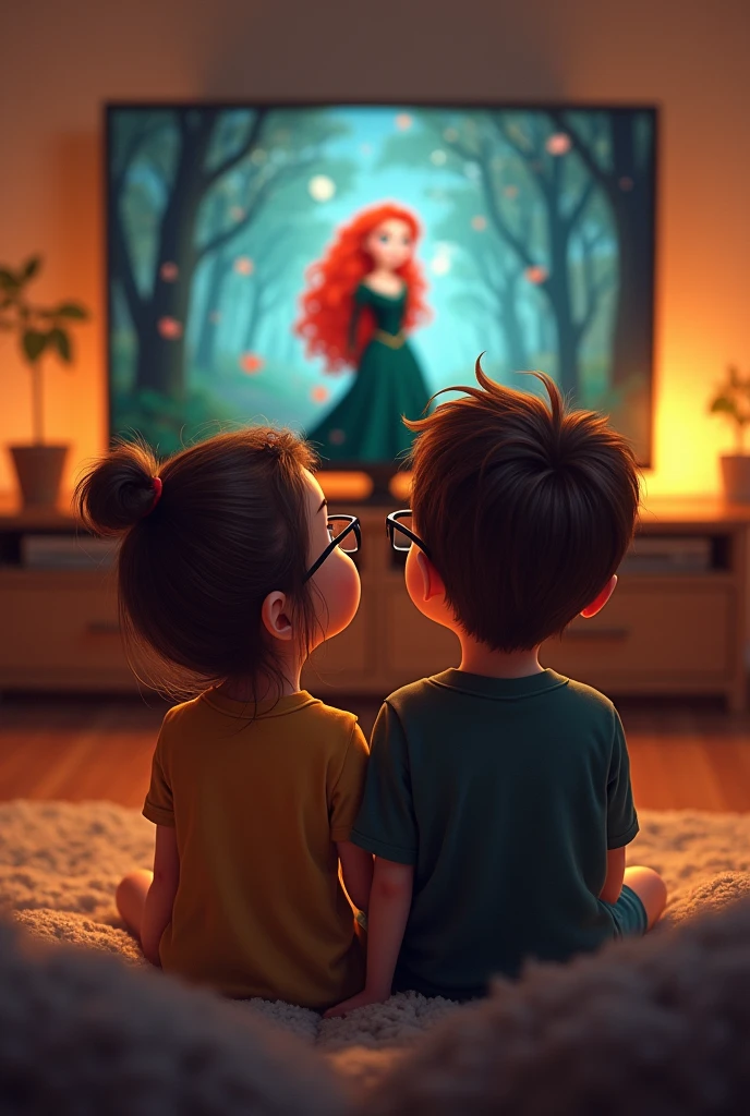 
1. **Prompt Creation**:
   - Write a clear and detailed prompt describing the scene. For example: "Create a digital artwork of a 1 boy and his younger sister, both with brown eyes and brownish-black hair, sitting in front of a TV. The boy is wearing glasses. On the TV screen, display Merida from the movie 'Brave' with her iconic red hair and green dress."

2. **Adjust Details**:
   - If the tool allows, adjust parameters for style, color, and detail level to match your vision.

3. **Generate the Image**:
   - Enter the prompt into the AI tool and generate the image. You may need to refine the prompt based on the initial results.

4. **Edit and Refine**:
   - If needed, use an image editing tool to make any adjustments or enhancements to the generated image.

Keep it like a digital art made by human