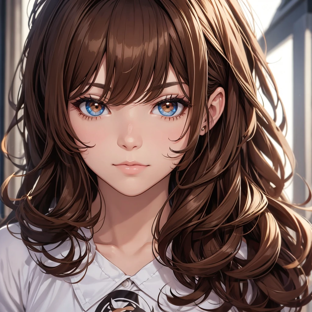 brunette with brown curly hair and eyeliner