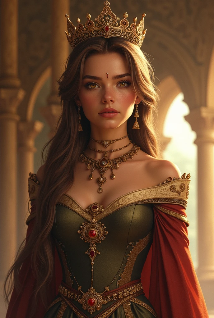 Princess with strong character, amber eyes, semi-light brown and straight hair