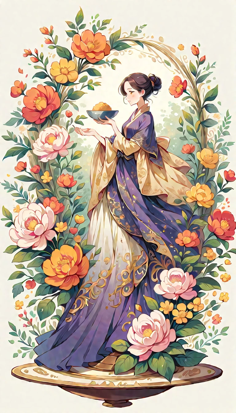 Visually appealing, high-resolution design、 The central figure is、The skirt is adorned with an intricate pattern of deep purple with silver accents., This detailed illustration is、It captures an atmosphere reminiscent of the elegance and cultural richness of a bygone era., Add depth to your projects、She is holding rice balls in her right and left hands as if weighing them on a balance.、 The background is an image of orange bush clover and pink peonies arranged diagonally.、