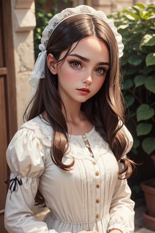 Round face, cabelos castanhos ondulados, greeneyes, Red lips, white victorian style dress, age girl, long eyelashes thin nose italian tanned skin