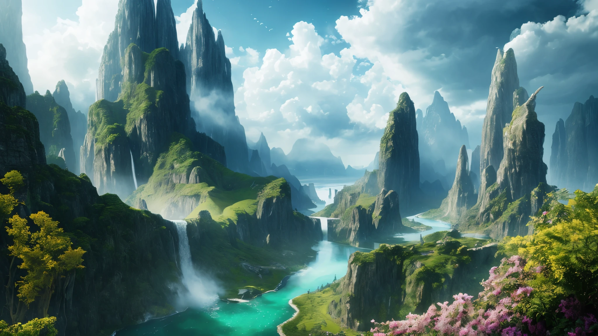 Masterpiece, best quality, high quality, extremely detailed CG unity 32k UHD wallpaper, landscape, outdoor, sky, clouds, sky, no humans, mountain, landscape, water, tree, blue sky, waterfall, cliff, nature, lake, river , cloudy skies, award winning photography, bokeh, depth of field, HDR, bloom, chromatic aberration, photorealism, very detailed, trending on artstation, trending on CGsociety, intricate, high detail, dramatic, half way art