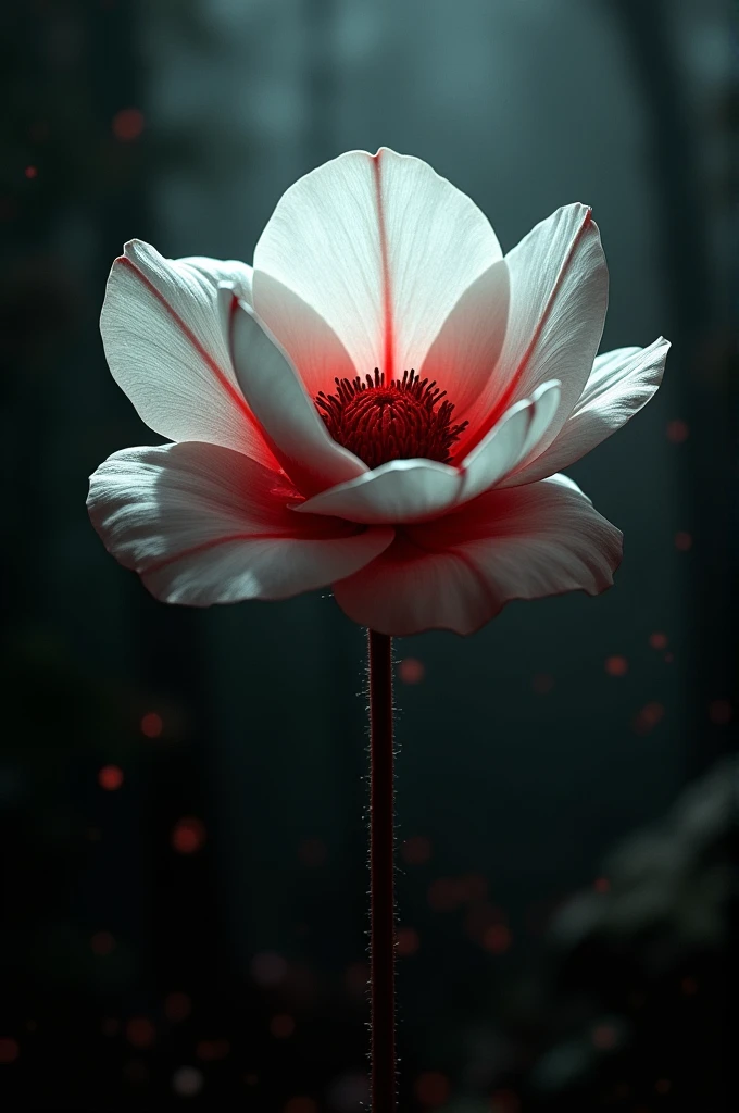 A blood-stained white flower that was shone by a holographic light like a stage.
