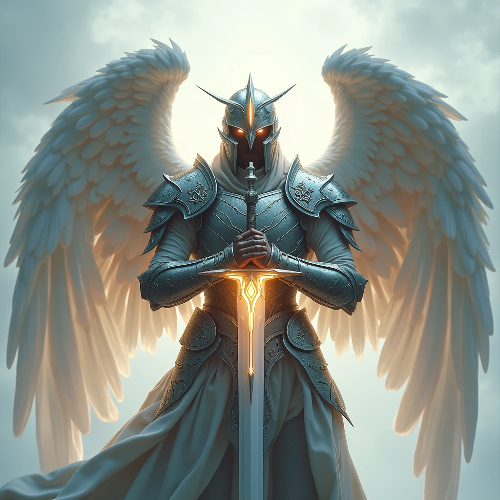 a warrior angel with a helmet and glowing eyes holding a sword with both hands, Background transparent