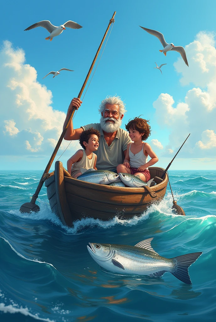 Fisherman with his children in the boat on the high seas, they are happy because they have many fish.