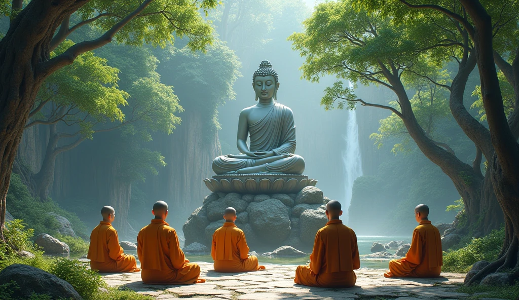 Beautiful nature trees, Buddha seats on the stone, four monks seats below the stone, beautiful view, realistic 