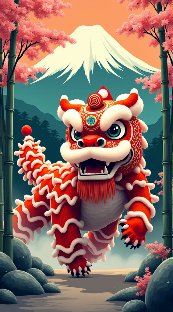 Contemporary graphic art with lion dances like Hokusai KATSUSHIKA

 great power

 Gorgeous and colorful design but calm and elegant design

 traditional Japanese scenery
 bamboo, bamboo bushes, cherry blossoms, rocks, and Mt. Fuji

 Pretty cool
 chic and modern design
 Stylish design