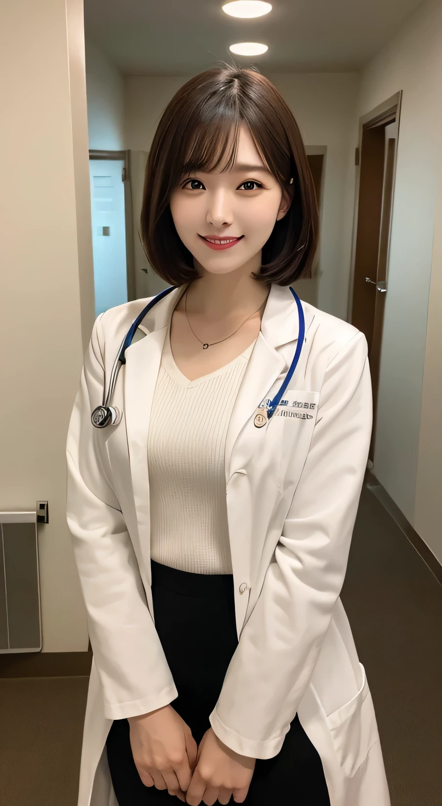 whole body, Highest quality, figure, Very detailed, In detail, High resolution, 8k wallpaper, Perfect dynamic composition, Beautiful attention to detail,Wavy Hair、tights、 (short hair)、Small breasts, doctor coat、smile、cute、happy、sexy shot looking at camera,Perfect and beautiful face,24-years-old、Health Insurance Doctor、smile、Simple Necklace、Health Room、bed