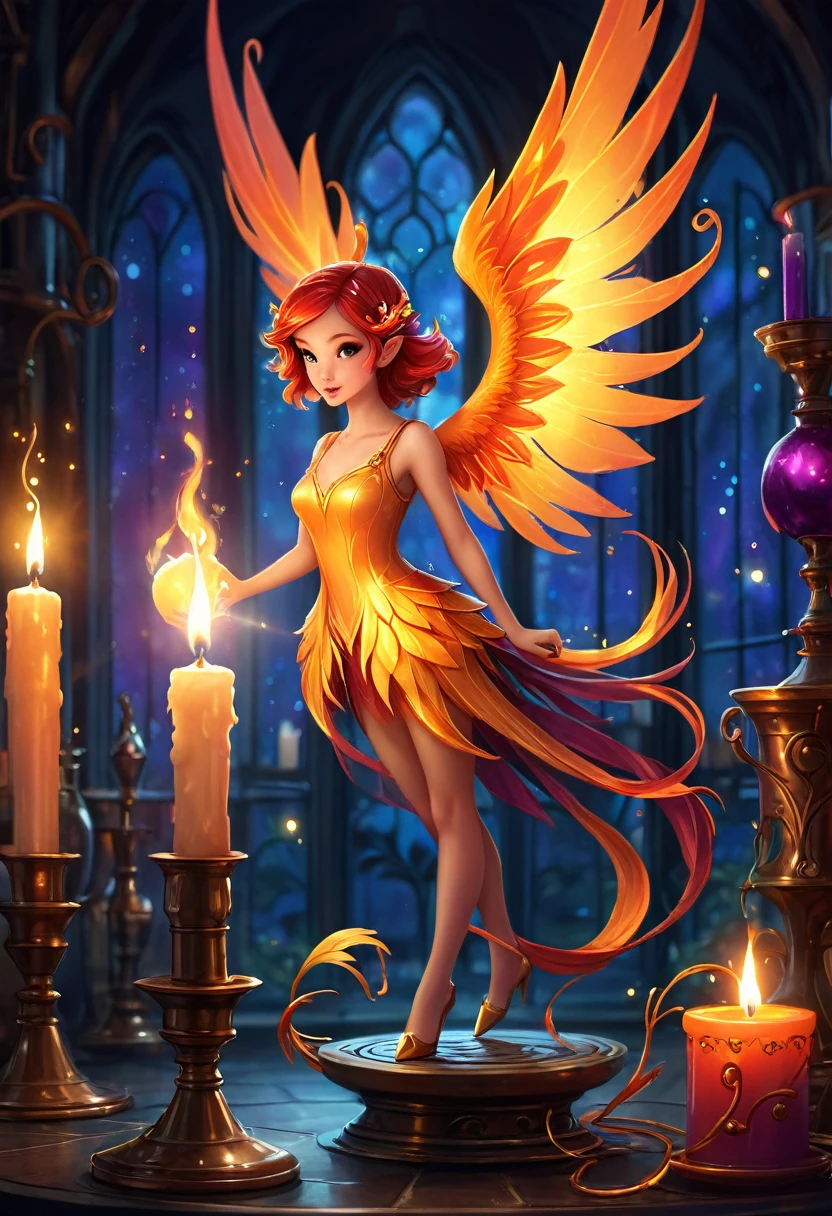 A tiny fairy phoenix flits away from a candle in a dim Wizards laboratory
