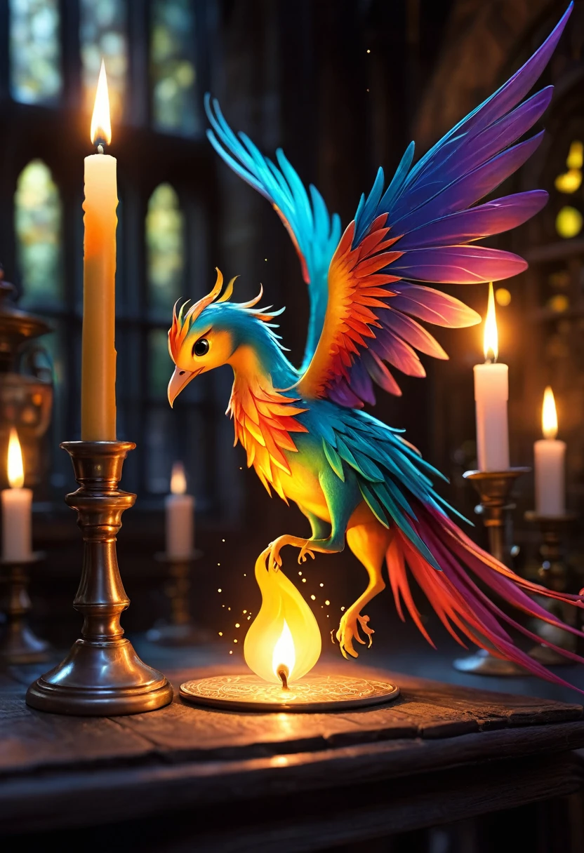 A tiny fairy phoenix flits away from a candle in a dim Wizards laboratory
