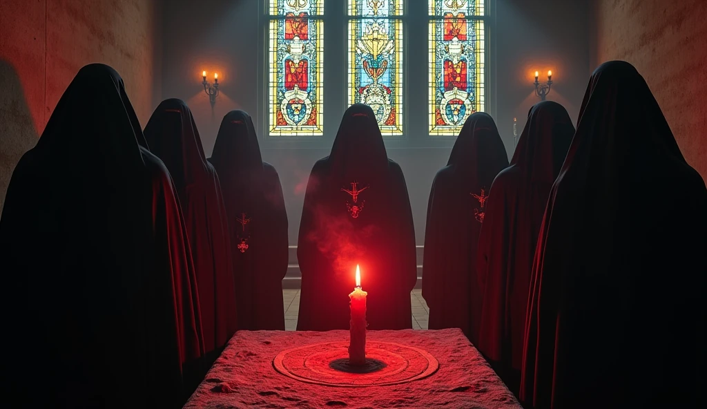 8k、large stained glass,(High angle), (number々の賞を受賞したmasterpiece、Incredible detail、Texture、Maximum details),red flame candle, (summoning magic),(St George&#39;s Church in Lalibela at night (Church of Saint George) - Ethiopia), (dark ritual),(dark organization)arafed image of a group of people in a church with candles,lit candle, dark cinematic concept art, elegant cinematic fantasy art, photorealistic dark concept art, by Beeple, dark robes, wojtek fus, gothic epic library concept, gothic epic library, epic cinematic concept art, dark concept art, Beeple and mike winkelmann, symmetrical epic fantasy art, High resolution, masterpiece, Highest quality, Intricate details, Very detailed, Clear focus, practical skin texture, texture,  Shot with Canon, 85mm, Shallow and deep, Kodak Vision Color, Exactly, Very detailed, photograph_\(Extremist\), photographpractical, practical, Post-processing, Maximum details, Roughness, Real Life, Extremist practical, Photorealism, photographgraphy, 8K Ultra HD, photographgraphy
