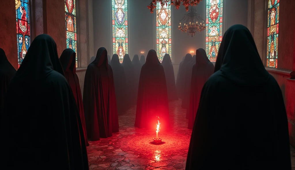 8k、large stained glass,(High angle), (number々の賞を受賞したmasterpiece、Incredible detail、Texture、Maximum details),red flame candle, (summoning magic),(St George&#39;s Church in Lalibela at night (Church of Saint George) - Ethiopia), (dark ritual),(dark organization)arafed image of a group of people in a church with candles,lit candle, dark cinematic concept art, elegant cinematic fantasy art, photorealistic dark concept art, by Beeple, dark robes, wojtek fus, gothic epic library concept, gothic epic library, epic cinematic concept art, dark concept art, Beeple and mike winkelmann, symmetrical epic fantasy art, High resolution, masterpiece, Highest quality, Intricate details, Very detailed, Clear focus, practical skin texture, texture,  Shot with Canon, 85mm, Shallow and deep, Kodak Vision Color, Exactly, Very detailed, photograph_\(Extremist\), photographpractical, practical, Post-processing, Maximum details, Roughness, Real Life, Extremist practical, Photorealism, photographgraphy, 8K Ultra HD, photographgraphy
