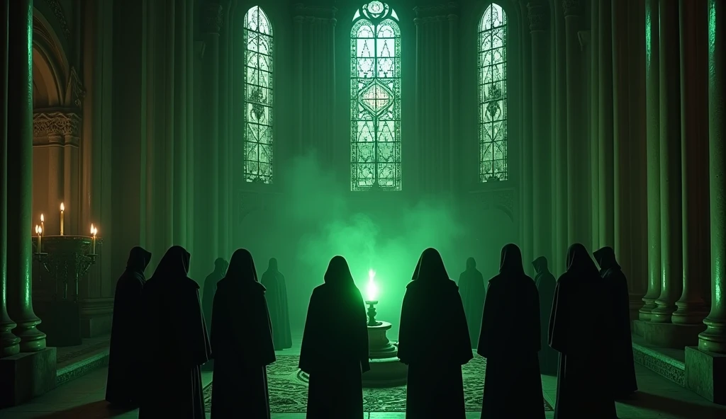 8k、large stained glass,(High angle), (number々の賞を受賞したmasterpiece、Incredible detail、Texture、Maximum details),green flame candle, (summoning magic),(St George's Church in Lalibela at night (Church of Saint George) - Ethiopia), (dark ritual),(dark organization)arafed image of a group of people in a church with candles,lit candle, dark cinematic concept art, elegant cinematic fantasy art, photorealistic dark concept art, by Beeple, dark robes, wojtek fus, gothic epic library concept, gothic epic library, epic cinematic concept art, dark concept art, Beeple and mike winkelmann, symmetrical epic fantasy art, High resolution, masterpiece, Highest quality, Intricate details, Very detailed, Clear focus, practical skin texture, texture,  Shot with Canon, 85mm, Shallow and deep, Kodak Vision Color, Exactly, Very detailed, photograph_\(Extremist\), photographpractical, practical, Post-processing, Maximum details, Roughness, Real Life, Extremist practical, Photorealism, photographgraphy, 8K Ultra HD, photographgraphy
