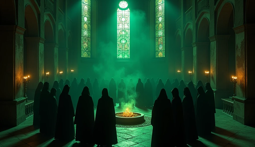 8k、large stained glass,(High angle), (number々の賞を受賞したmasterpiece、Incredible detail、Texture、Maximum details),green flame candle, (summoning magic),(St George's Church in Lalibela at night (Church of Saint George) - Ethiopia), (dark ritual),(dark organization)arafed image of a group of people in a church with candles,lit candle, dark cinematic concept art, elegant cinematic fantasy art, photorealistic dark concept art, by Beeple, dark robes, wojtek fus, gothic epic library concept, gothic epic library, epic cinematic concept art, dark concept art, Beeple and mike winkelmann, symmetrical epic fantasy art, High resolution, masterpiece, Highest quality, Intricate details, Very detailed, Clear focus, practical skin texture, texture, Shot with Canon, 85mm, Shallow and deep, Kodak Vision Color, Exactly, Very detailed, photograph_\(Extremist\), photographpractical, practical, Post-processing, Maximum details, Roughness, Real Life, Extremist practical, Photorealism, photographgraphy, 8K Ultra HD, photographgraphy