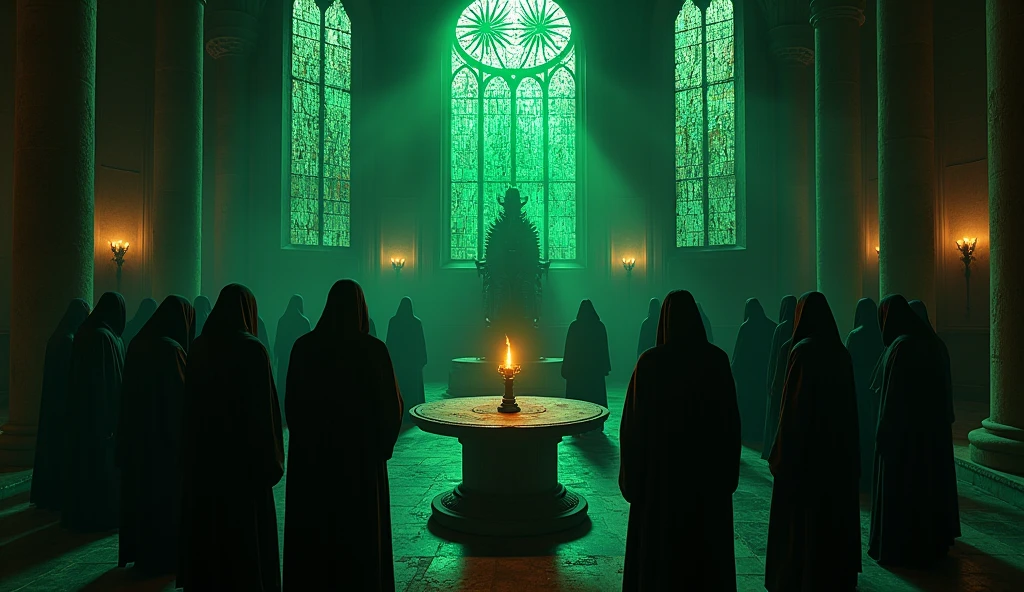 8k、large stained glass,(High angle), (number々の賞を受賞したmasterpiece、Incredible detail、Texture、Maximum details),green flame candle, (summoning magic),(St George's Church in Lalibela at night (Church of Saint George) - Ethiopia), (dark ritual),(dark organization)arafed image of a group of people in a church with candles,lit candle, dark cinematic concept art, elegant cinematic fantasy art, photorealistic dark concept art, by Beeple, dark robes, wojtek fus, gothic epic library concept, gothic epic library, epic cinematic concept art, dark concept art, Beeple and mike winkelmann, symmetrical epic fantasy art, High resolution, masterpiece, Highest quality, Intricate details, Very detailed, Clear focus, practical skin texture, texture, Shot with Canon, 85mm, Shallow and deep, Kodak Vision Color, Exactly, Very detailed, photograph_\(Extremist\), photographpractical, practical, Post-processing, Maximum details, Roughness, Real Life, Extremist practical, Photorealism, photographgraphy, 8K Ultra HD, photographgraphy