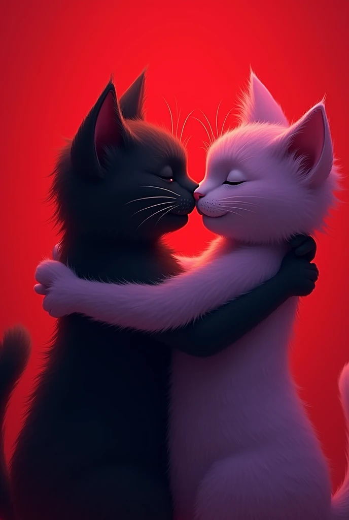 Red background, black male cat hug purple female cat ,eye close sweet soft smile , both kiss