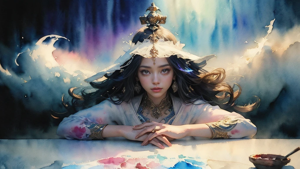 (Tabletop, Highest qualityの, Highest quality, Official Art, (beautifully、aesthetic:1.4), (Watercolor:1.4) ), (Izanami 1.5), 日本のgod話の女god, Majestic beauty, 創造の女god、生命の女god、Typically、((((Typically))))、Reincarnation Support, god'Grace, Gentle and meditative expressions, Flowing, celestial garments, Shine、Created all the landscapes and worlds on Earth, A dazzling dance of light, Whispers of Ancient Legends,Hands below chest level,The hair is a little shorter