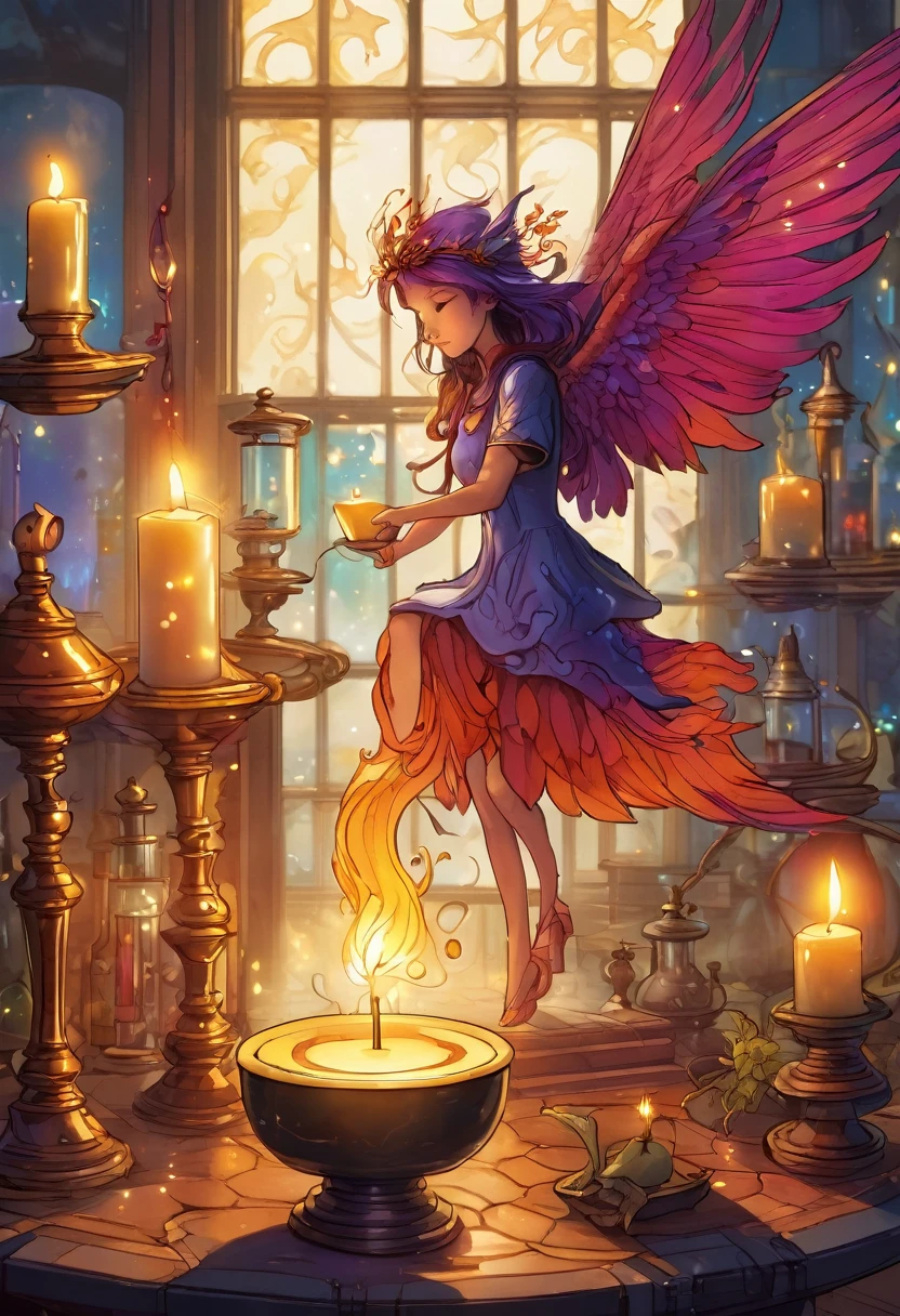 A tiny fairy phoenix flits away from a candle in a dim Wizards laboratory
