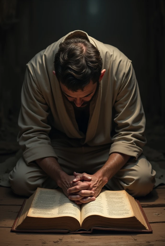 A servant praying on his knees with a bible in front of him