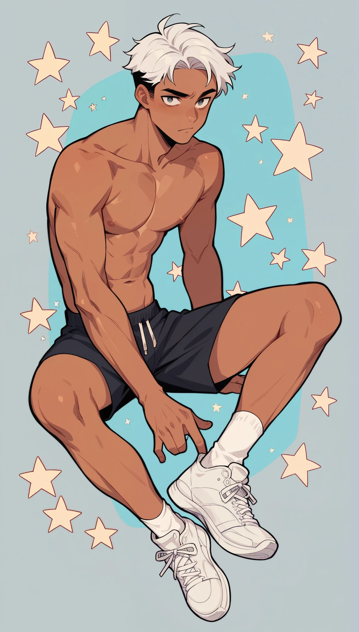 handsome boy,Tanned skin,Topless,black sports wear,Slim,Stars background,White socks,White sneakers,Tempting,(Sit on the steps),White hair,((Normal body posture,Normal hand))