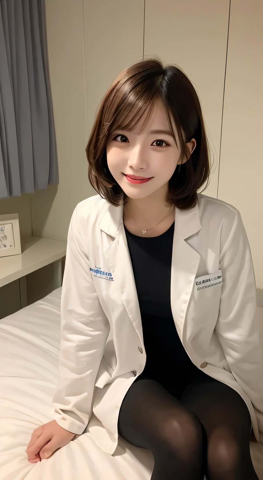 whole body, Highest quality, figure, Very detailed, In detail, High resolution, 8k wallpaper, Perfect dynamic composition, Beautiful attention to detail,Wavy Hair、tights、 (short hair)、Small breasts, doctor coat、smile、cute、happy、sexy shot looking at camera,Perfect and beautiful face,24-years-old、Health Insurance Doctor、smile、Simple Necklace、Health Room、bed