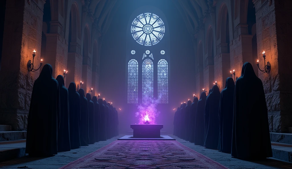 8k、large stained glass, (High angle), (number々の賞を受賞したmasterpiece、Incredible detail、Texture、Maximum details),purple flame candle, (summoning magic),(St George's Church in Lalibela at night (Church of Saint George) - Ethiopia), (dark ritual),(dark organization)arafed image of a group of people in a church with candles,lit candle, dark cinematic concept art, elegant cinematic fantasy art, photorealistic dark concept art, by Beeple, dark robes, wojtek fus, gothic epic library concept, gothic epic library, epic cinematic concept art, dark concept art, Beeple and mike winkelmann, symmetrical epic fantasy art, High resolution, masterpiece, Highest quality, Intricate details, Very detailed, Clear focus, practical skin texture, texture, Shot with Canon, 85mm, Shallow and deep, Kodak Vision Color, Exactly, Very detailed, photograph_\(Extremist\), photographpractical, practical, Post-processing, Maximum details, Roughness, Real Life, Extremist practical, Photorealism, photographgraphy, 8K Ultra HD, photographgraphy