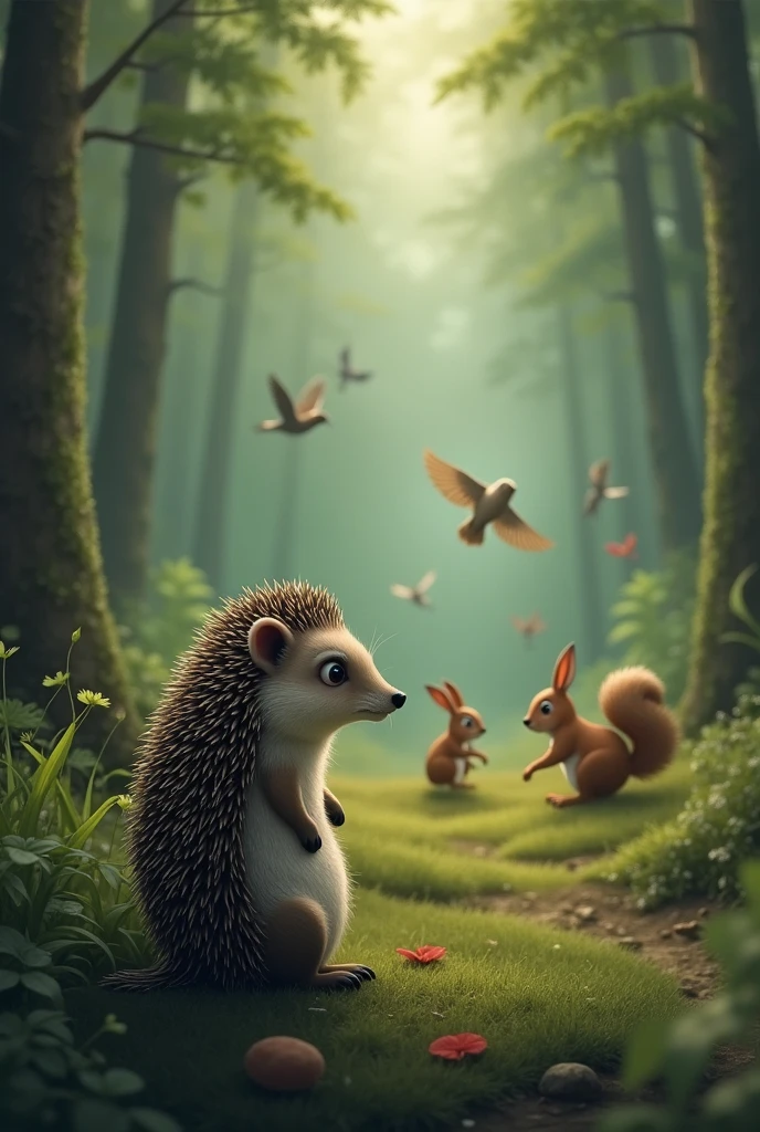 An extremely depressed hedgehog watching other forest animals play in the distance
