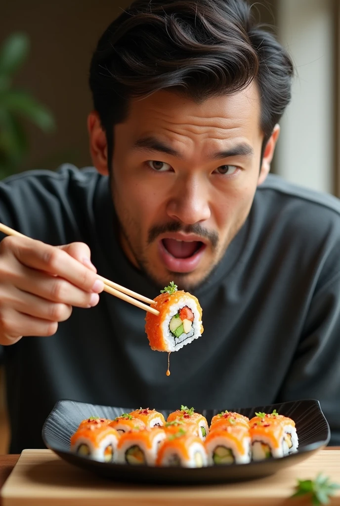 Man eating maki with chopsticks, filling his entire mouth