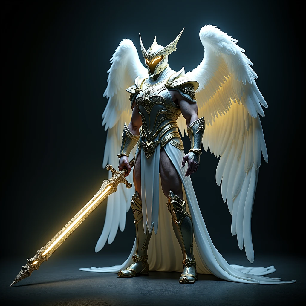 a warrior angel with a helmet and glowing eyes holding a sword with both hands, black backdrop