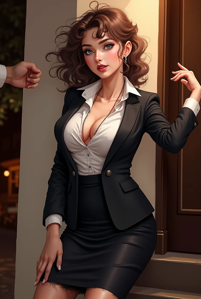 /quality (masterpiece,best quality,high resolution,High Quality,Realistic) /hair style (Curly Hair) /Clothes (pencil skirt,job interview suit,Black jacket,torn pantyhose:1.5,earring) /Pose Bend over,sit lean against a wall, legs spread:1.5 (Ahegao,orgasm,steam:1.5,swet:1.5), /Other crowd:1.5,fair skin,foot focus,lean against a wall,men,s hand:1.5,night, Roadside,ID card,