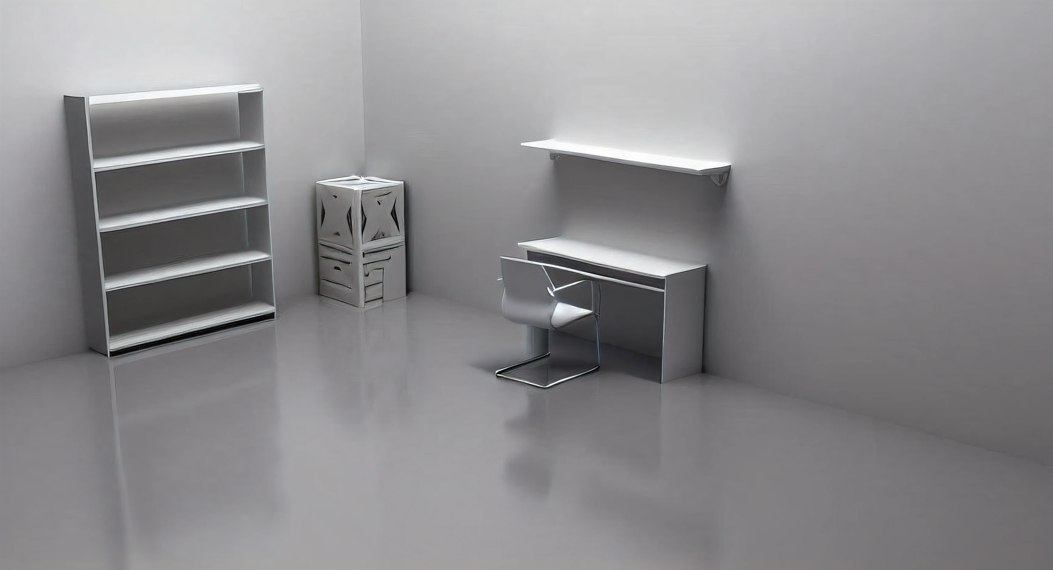 The room has white walls and features a table and shelves., Minimalist Desk, Product Rendering, Minimalist Home Office, Minimalist furniture, 3d minimalistic, Simple design, product design rendering, 3DProduct Rendering, Flat Minimal, Beautiful 3D rendering, furniture concept photo!!, Highly realistic 3D rendering, Photo Rendering, 3d minimalistic art, machine