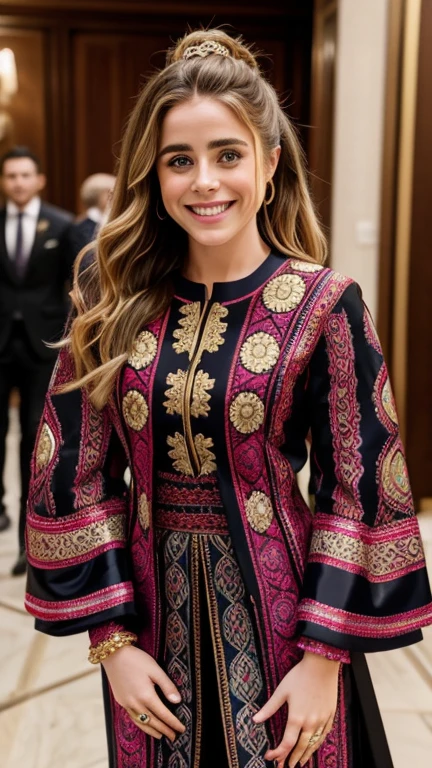Melissa Roxburgh wearing extravagantly designed clothes and smiling