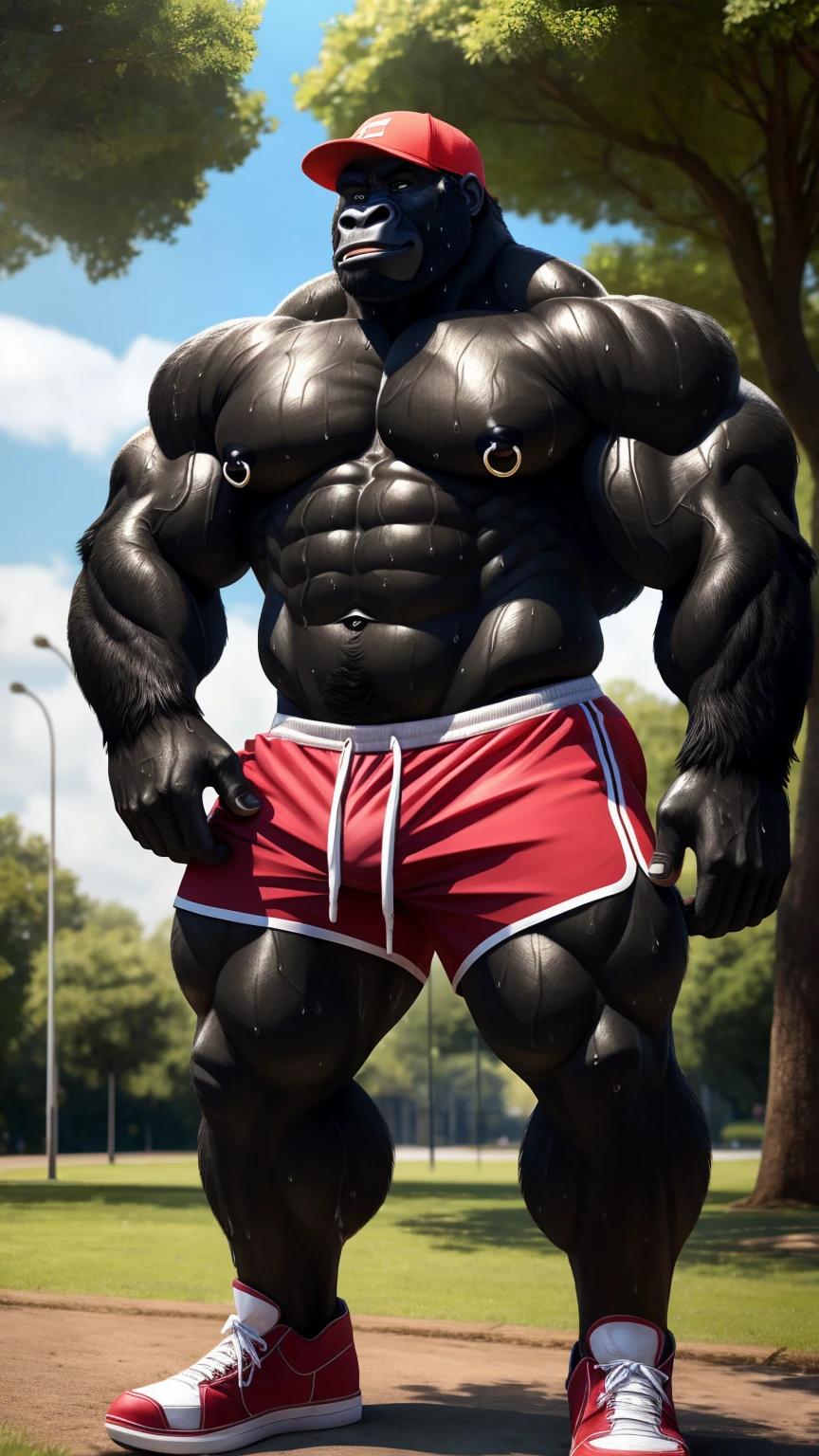 Close-up of an athletic muscular male gorilla, posing sensually, in a park, During the day, sports shorts, wearing sneakers, wearing nipple piercings and wearing a cap, body wet with sweat, black skin, NSFW, big body, well detailed, ultra detailed, detailed muscles, Whole body.