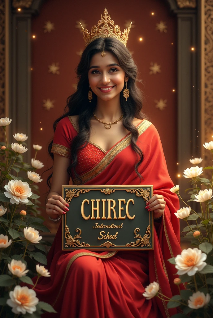 captivating fantasy digital artwork featuring a 2 Indian girl, exuding grace and elegance. She sits majestically behind a decorative plaque inscribed with 'CHIREC INTERNATIONAL SCHOOL'. The girl is dressed in a stunning red saree and a delicate crown, her smile illuminating her face. The plaque is adorned with intricate golden borders and designs, enhancing the scene's opulence. Delicate white flowers surround her, and golden sparkles create a magical aura in the dark fantasy atmosphere. The muted brown background contrasts with the artwork's vivid colors, highlighting the artist's exceptional talent and immersing the viewer in a fantastical world., vibrant, photo, dark fantasy, typography