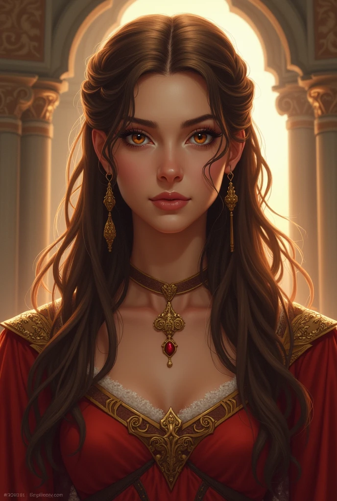 Princess with strong character, amber eyes, semi-light brown hair and straight without crown

