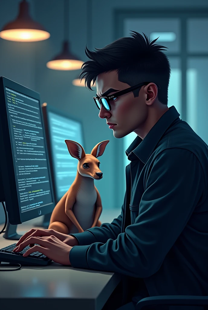 I want to create a profile picture of a dark-colored systems engineer with a kangaroo and glasses who is with his computer and is not an anime or something similar.