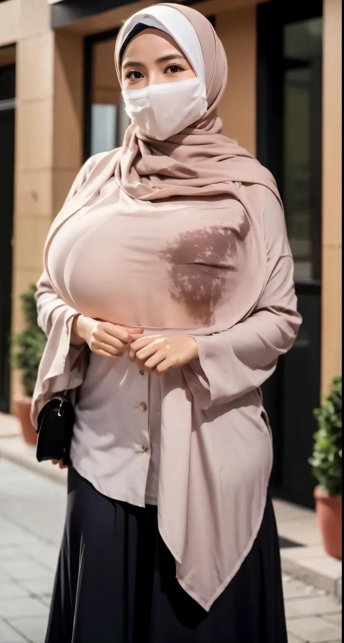 50 years Old, Hijab Indonesian mature woman, Big Tits : 66.9, Gamis, Breast out from her clothes : 1.9, at doctor office, Dark light, at Nighttime, big breast