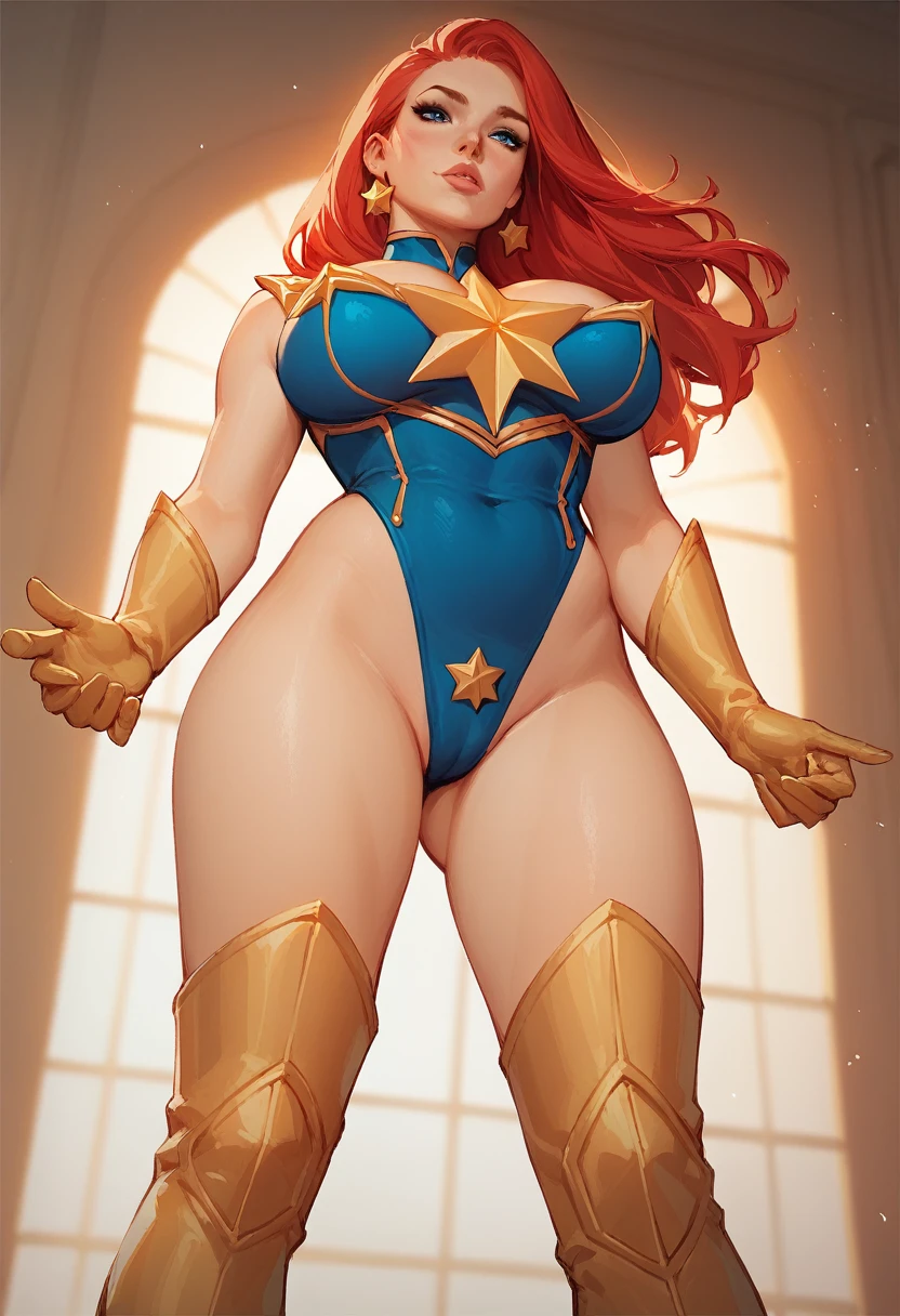 score_9, score_8_up, score_7_up, score_6_up, masterpiece, Sexy, Superheroine, Red hair, long hair, busty, plump, curvy, ((blue highleg leotard with a t-back thong and a gold star insignia on chest)), gold boots, gold gloves