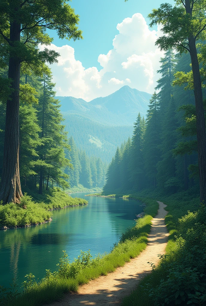 Can you generate an image of a forest with a path on the banks of a river and in the background with very clear letters this phrase appears?, Life is what happens, while we make plans.
but it's spanish