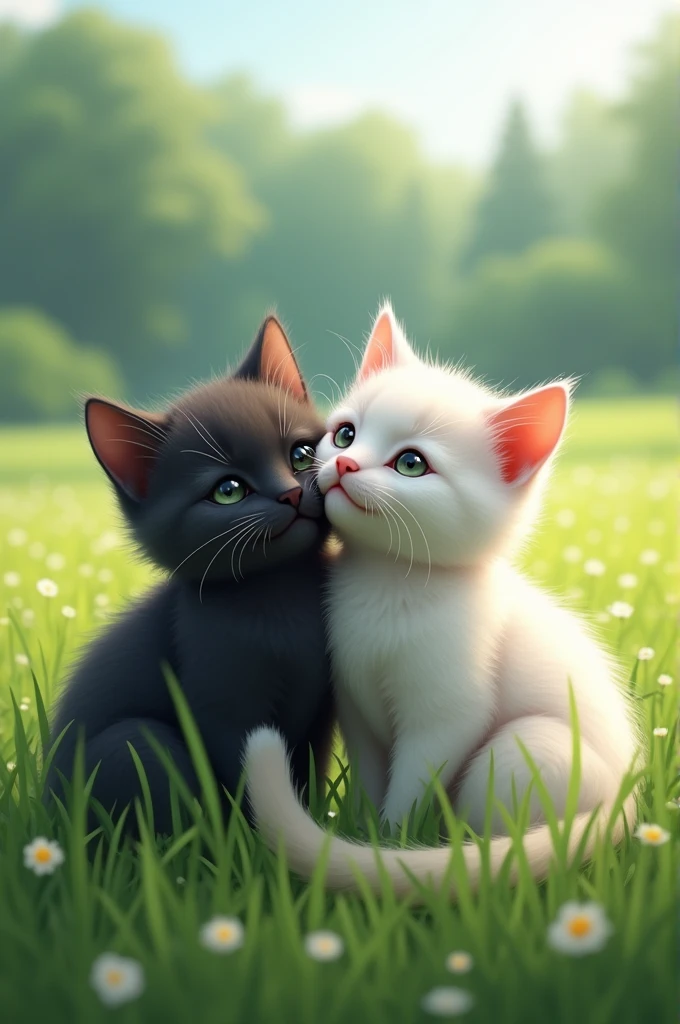 Generate me two cats, one white and one black, I want you to be looking into nothingness, In the background scene there is a forest, a very green and beautiful field, clean air, These two kittens are found leaning on each other, They love each other. Los gatos estan a lo lejos y se ve el inmenso bosque
