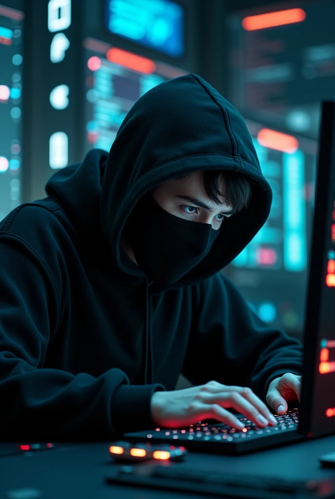 A hacker boy with black hoodies and mask
hacking computer
