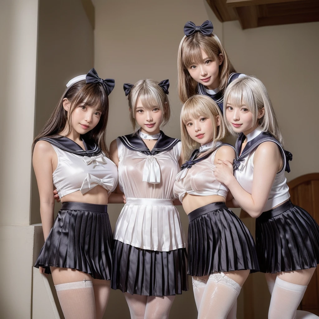 masterpiece, top-quality, top-quality, Beautifully Aesthetic:1.2, ((3 girls)), kiss++, kissing++, sucking++, licking lips, nsfw,
((Middle girl is Wearing satin high neck Chinese dress, sleeveless, long gloves, miniskirt:1,4), high detailed,
((Left girl is Wearing satin high neck Chinese dress, sleeveless, long gloves, miniskirt:1,4), high detailed,
((Right girl is Wearing satin high neck Chinese dress, sleeveless, long gloves, miniskirt:1,4), high detailed,
(Three girls are laying bed:1.3), large breasts, firm breast, nicely shaped breasts, slender figure,
(((Bleached Hair))), ((mesh hair)), (short hair:1.2),
((At the bedroom at late night:1.2)), (Looking at viewer)