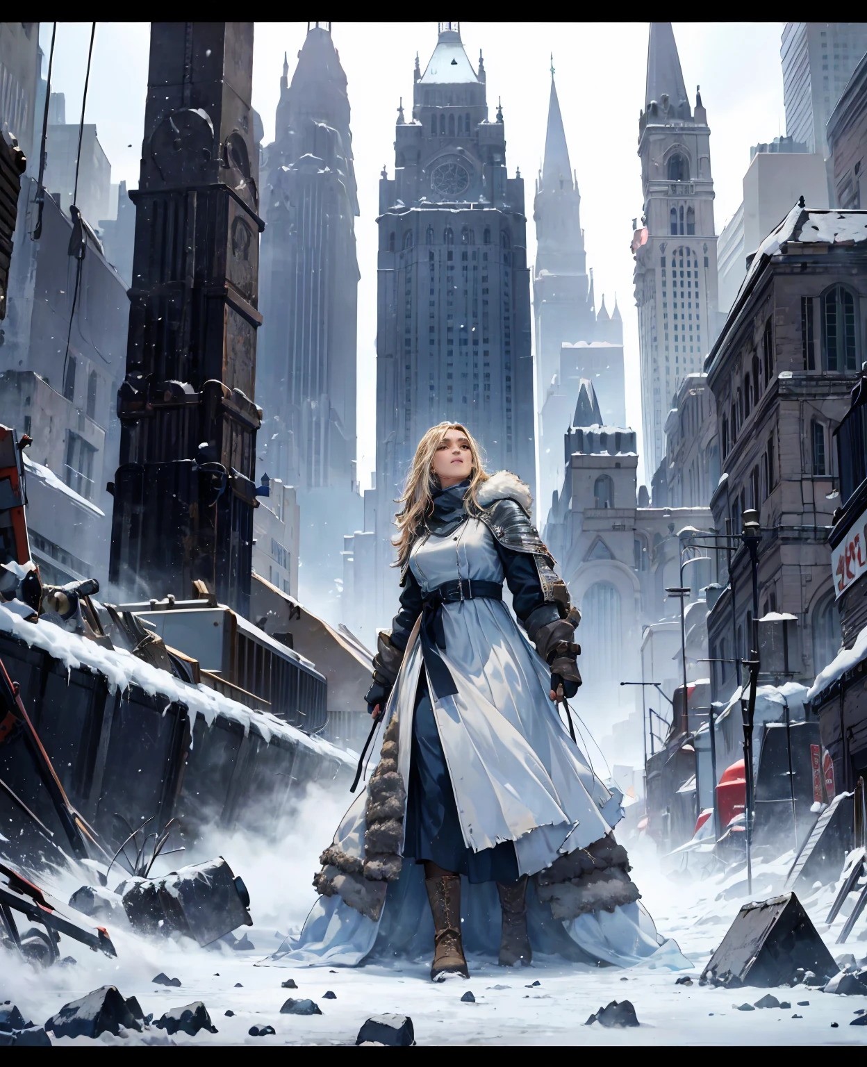 **Florence Pugh as the Broken Wanderer:** Covered in dirt, wearing torn, ragged layers of wool and leather, a tattered fur coat, and battered boots, she trudges through the ruins of a modern city. The once-bustling streets are now silent and encased in thick layers of ice and snow, with skyscrapers standing as frozen, ghostly giants against the gray sky. Abandoned cars are buried under drifts, and shattered glass glistens like frost on the ground, creating a haunting landscape of desolation.