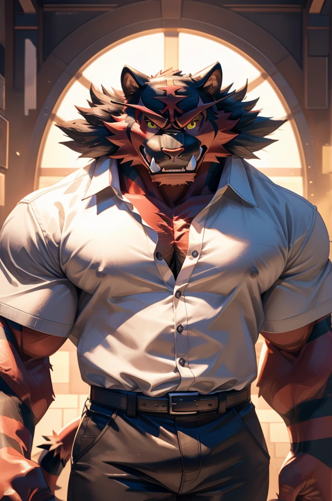1boy, 1man, solo, a (furry incineroar) standing, (face, detailed face, glasses), front view, massive muscular , sixpack, (white shirt and black pants), well-muscled old man. ((thick arms, huge pec, huge arms)), wide smiling. Add textures and details to make the image more realistic, such as the appearance of the. Make sure the resulting image is high resolution, 8K quality