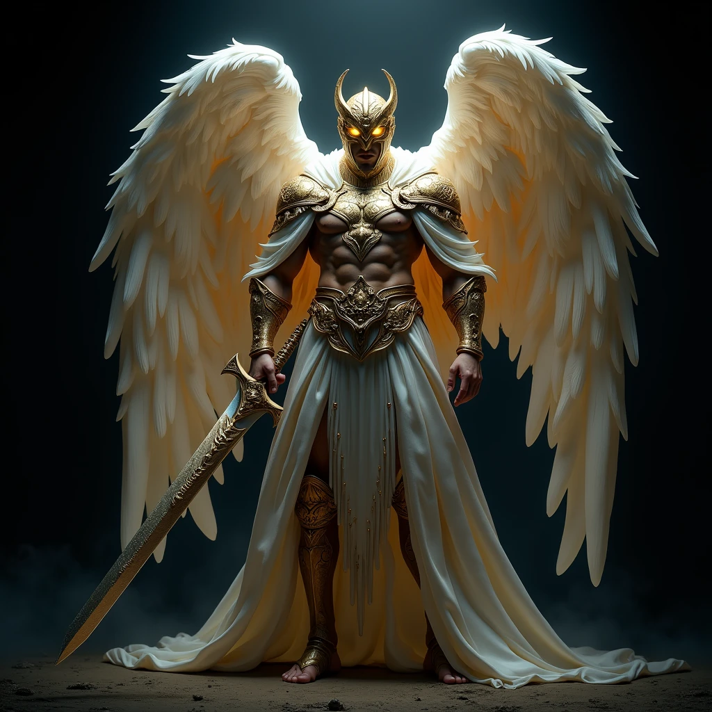 a warrior angel with a helmet and glowing eyes holding a sword with both hands, black backdrop