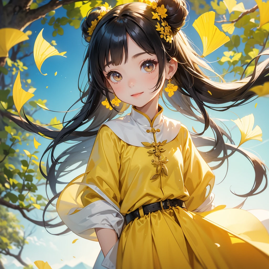 A chibi child girl had a small face and Wearing white little Taoist priest's outfit, A pair of big round eyes shone with curiosity about him, This child was so cute, her hair is black with two buns on her hair, smiling ,Chibi.

The backdrop is a mountain that turns yellow in spring, the background is Yellow Ginkgo Leaves tree around. and Yellow Ginkgo Leaves fall from the trees.




