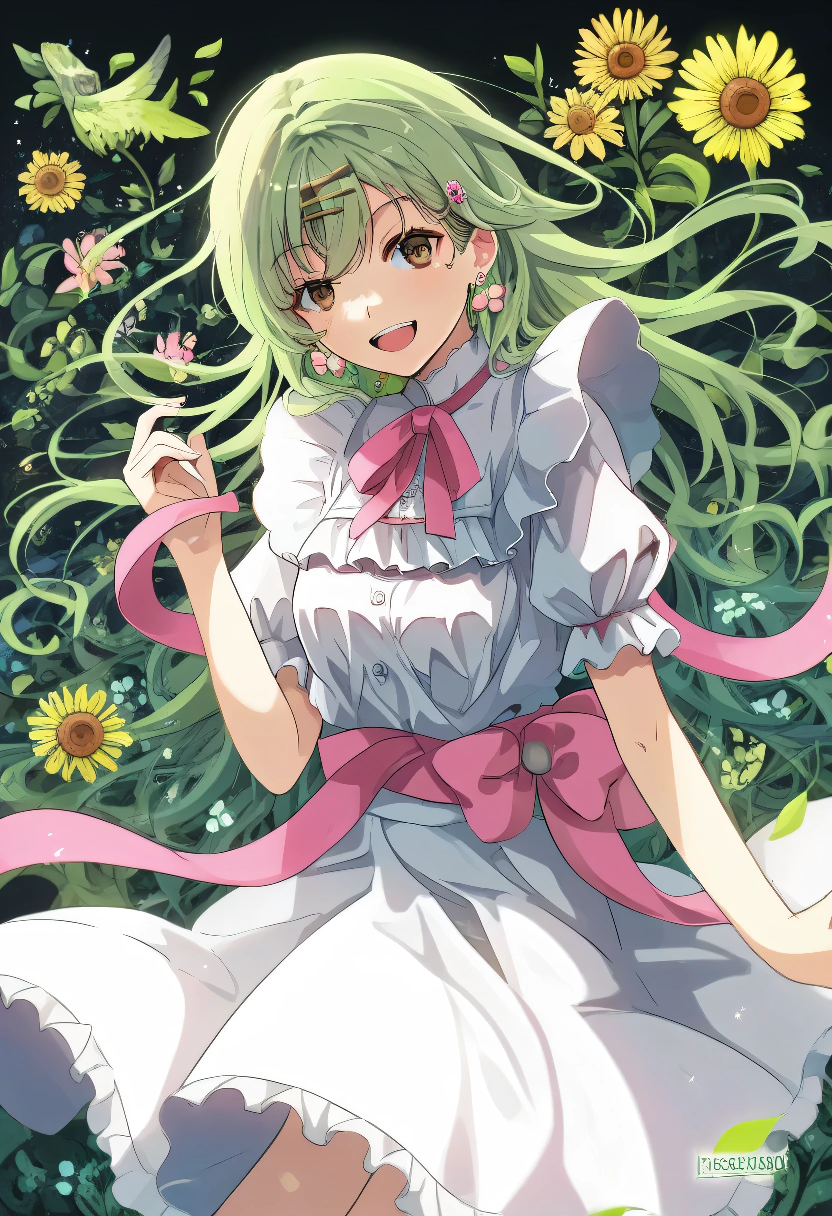 score_9,score_8_superior,score_7_superior,score_6_superior,sauce_anime,One person,;is,garisen,black isress,chest,Brown eyes,Cowboy Shot,isress,Earrings,falling flowerびら,Floating Hair,flower,flower Earrings,flower hairbanis,Shorthand,frilleis isress,Frills,green backgrounis,Green Hair,grey backgrounis,hair ornaments,Hair Clip,jewelry,logo,Long Hair,View your viewers,meisium chest,multicoloreis backgrounis,multicoloreis sash,neck ribbon,one eye closeis,Open your mouth,orange isress,overview,outstretcheis arm,flowerびら,pink isress,pink flower,pink ribbon,puffy Short sleeve,Puff sleeves,arrive,arrive towariss viewer,reis backgrounis,ribbon,Short sleeve,single siiselock,No sleeve,No sleeve isress,smile,alone,Split Theme,Straight hair,teeth,superiorper teeth only,white overview,wiise sleeves,
