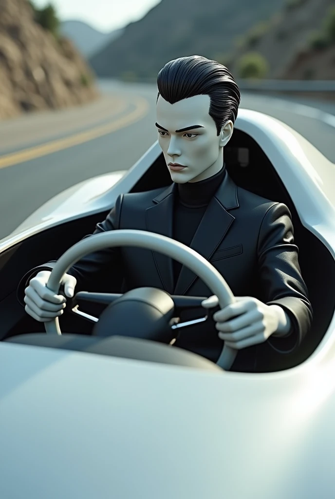 A male mannequin with black hair,the white mannequin, driving a car
