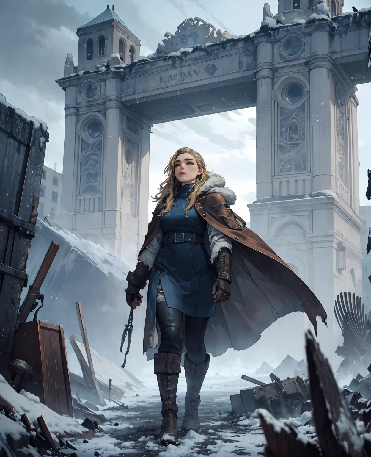 **Florence Pugh as the Broken Wanderer:** Covered in dirt, wearing torn, ragged layers of wool and leather, a tattered fur coat, and battered boots, she trudges through the ruins of a modern city. The once-bustling streets are now silent and encased in thick layers of ice and snow, with skyscrapers standing as frozen, ghostly giants against the gray sky. Abandoned cars are buried under drifts, and shattered glass glistens like frost on the ground, creating a haunting landscape of desolation.
